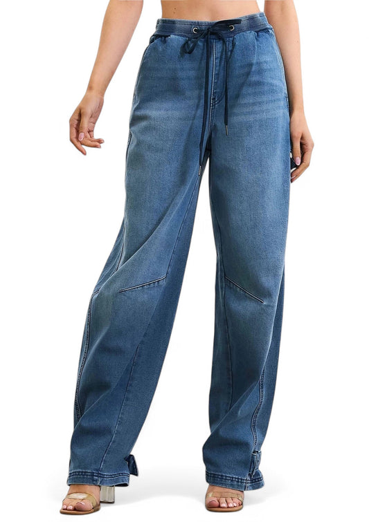 Elastic Waist Barrel Baggy Jeans