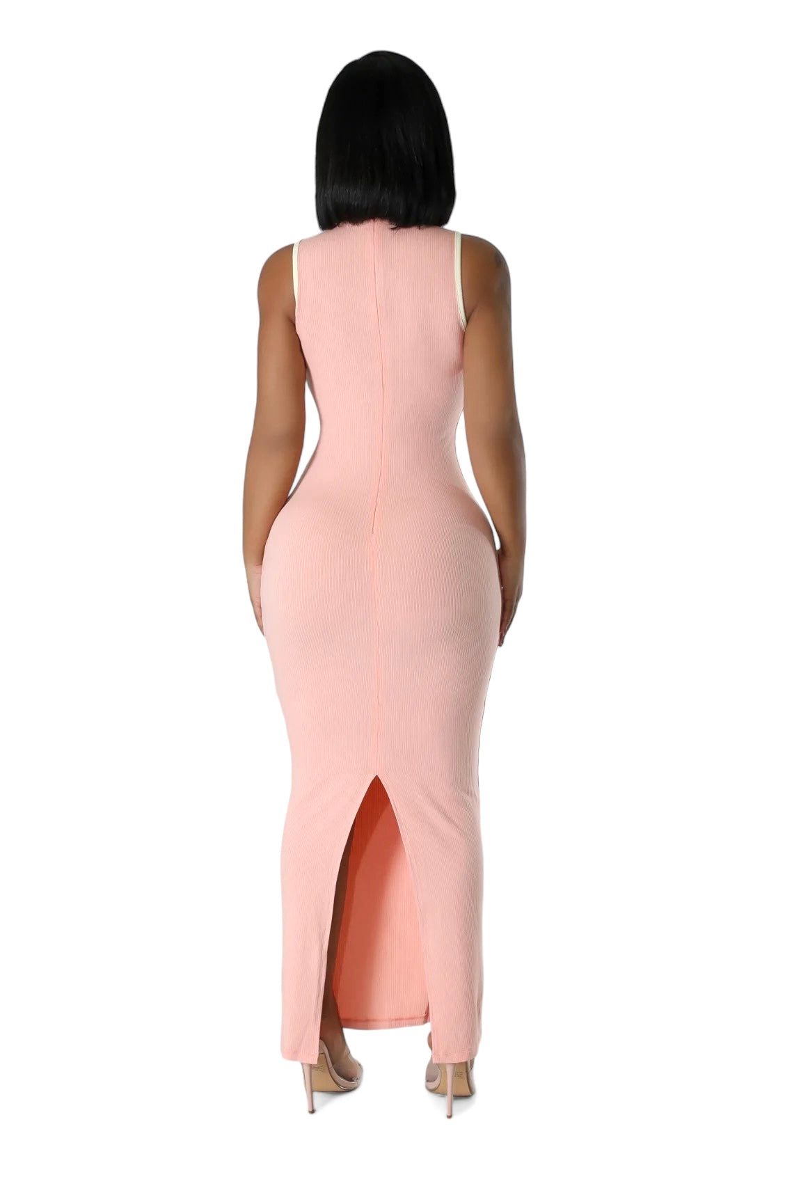 Peach Mock Neck Ribbed Maxi Dress