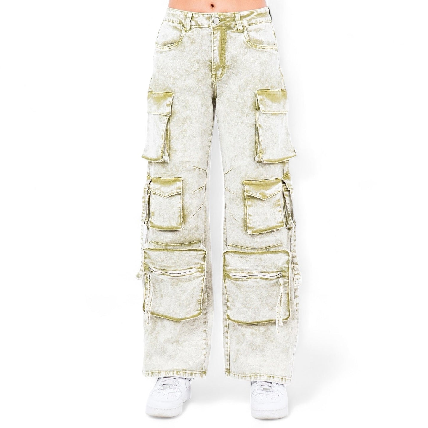 Multiple Pocket Acid Wash Denim Pants- RJH30665