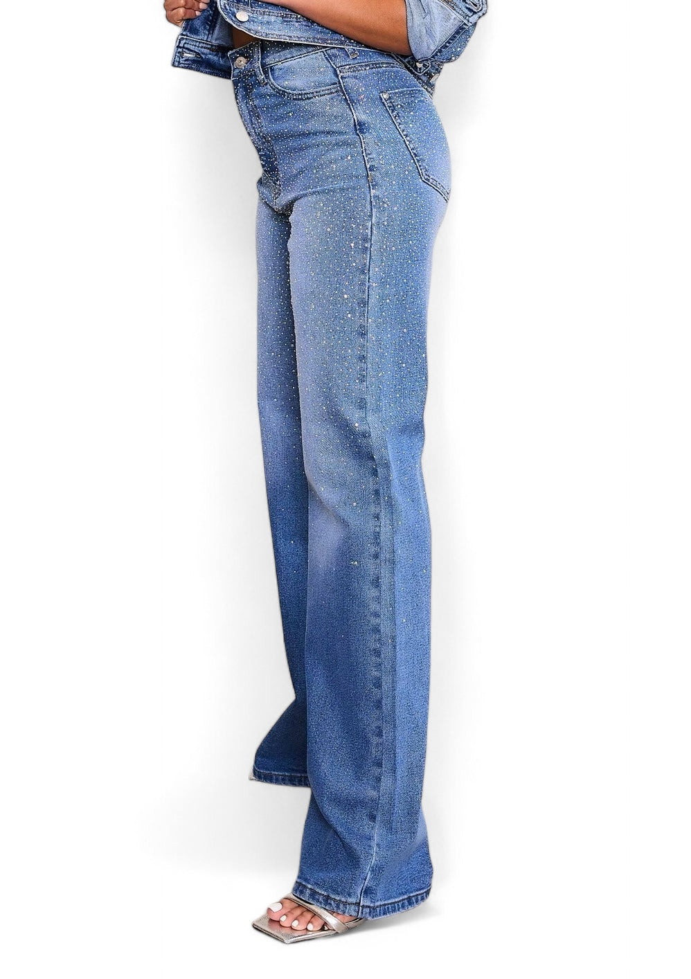 Iridescent High-Rise Rhinestone Wide Leg Jeans