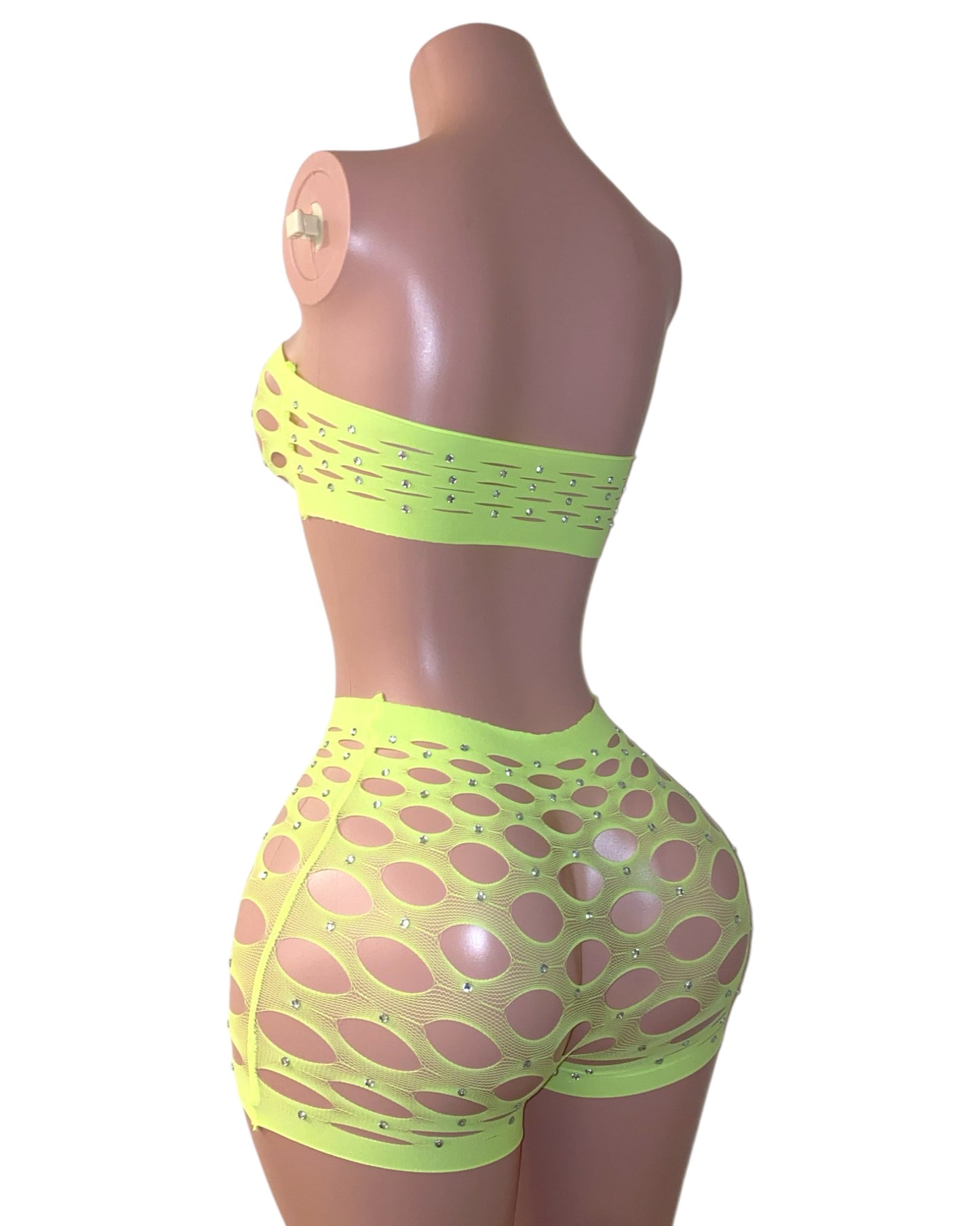 Angelina Rhinestone Short Set - Neon Yellow