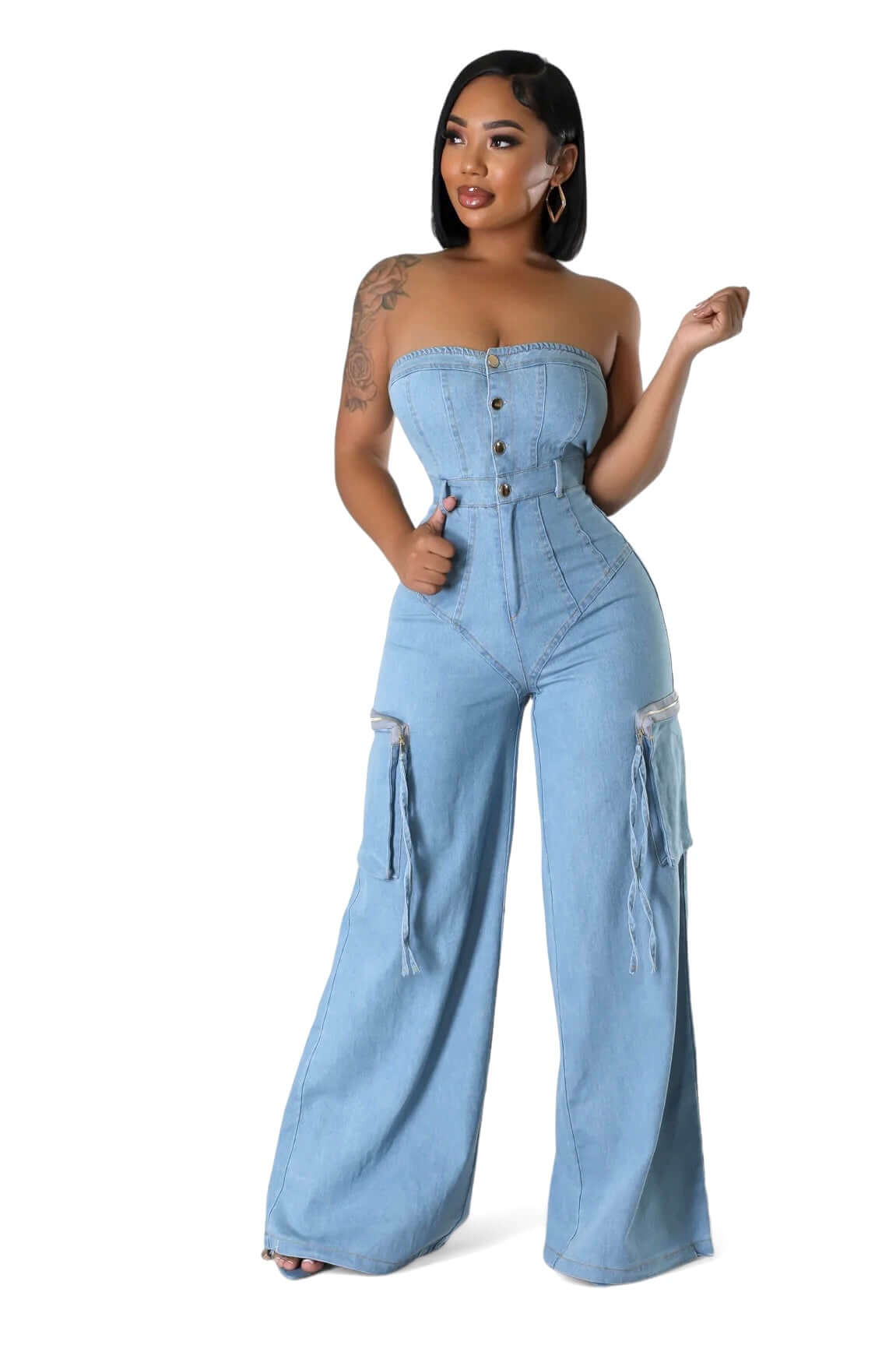 Denim Jean Sleeveless Cargo Jumpsuit
