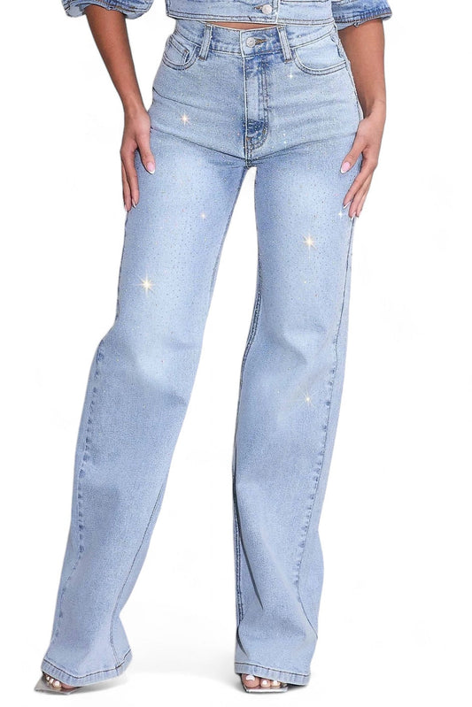 Iridescent High-Rise Rhinestone Wide Leg Jeans