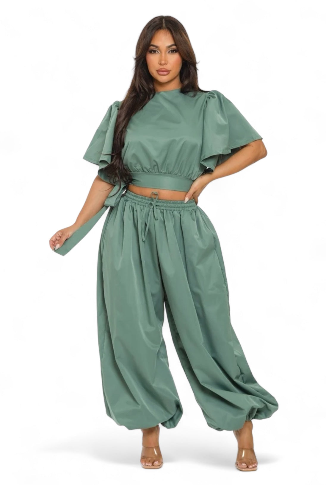 Ruffle Short Sleeve Crop Top & Jogger Pants Set