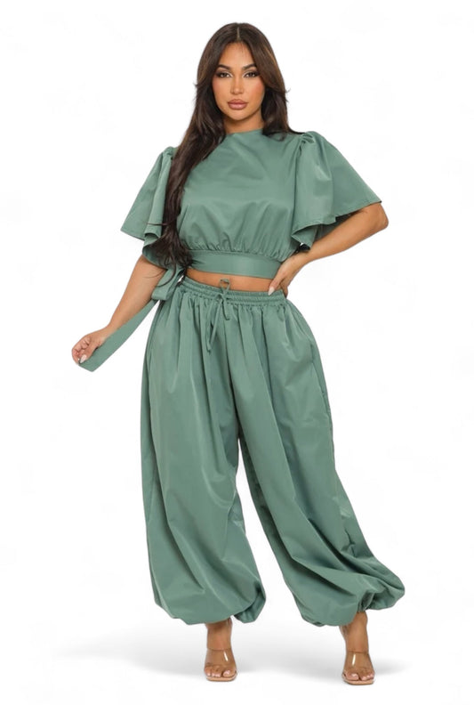 Ruffle Short Sleeve Crop Top & Jogger Pants Set