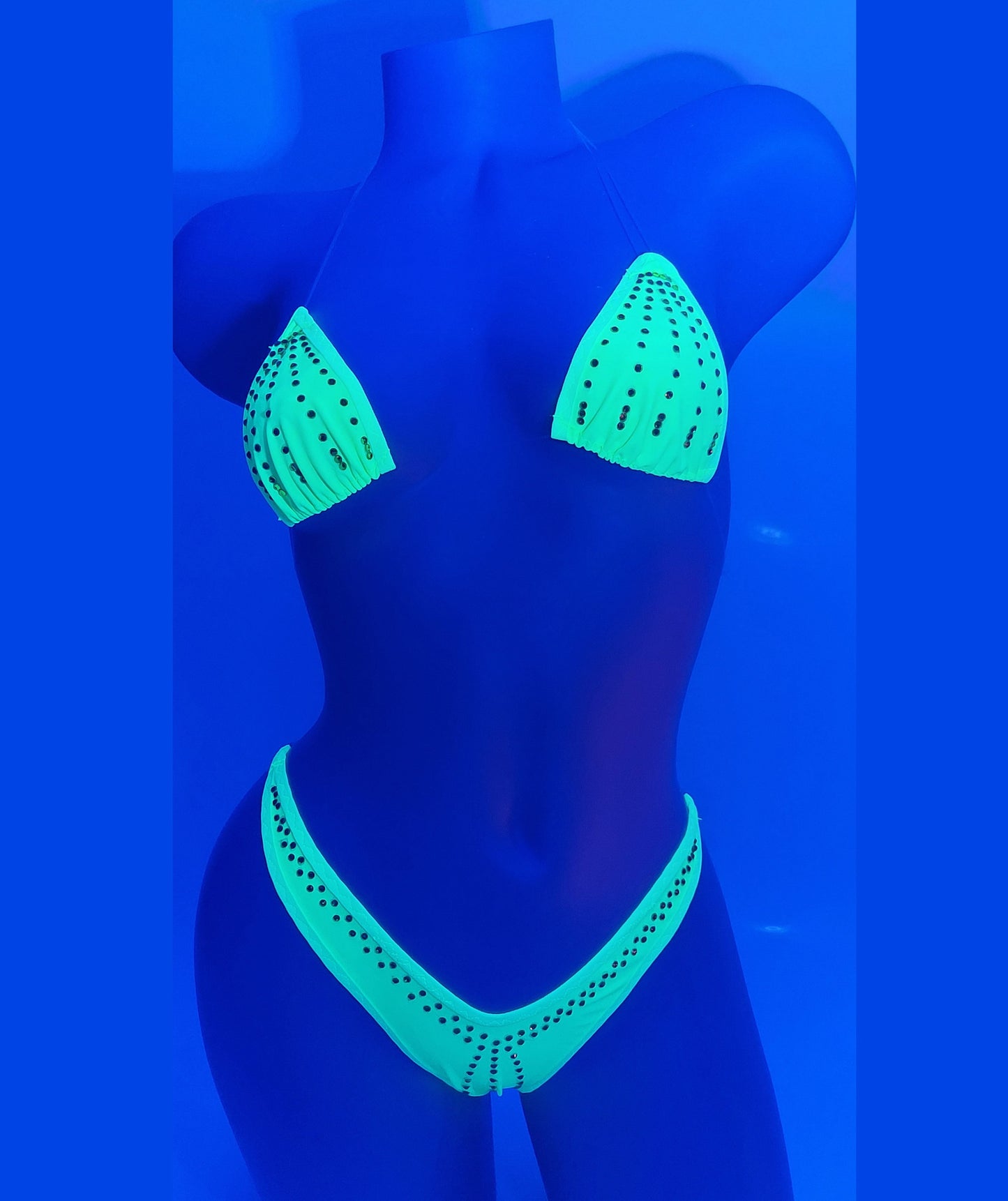 Neon Yellow transparent Clear invisible elastic Micro string thong bikini with Yellow Rhinestones