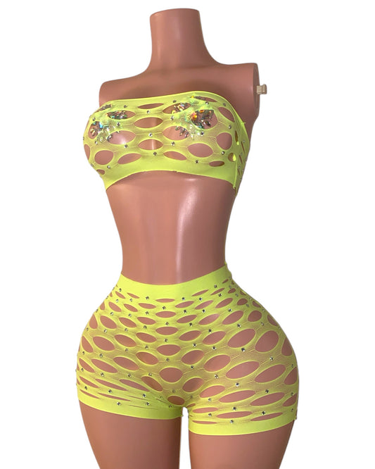 Angelina Rhinestone Short Set - Neon Yellow