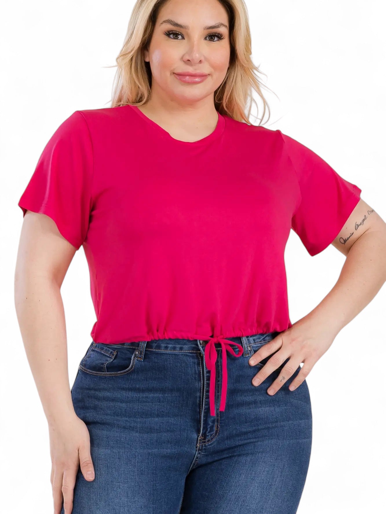 Curvy Tie Front Drawstring Short Sleeve Crop Top {BT5196X}