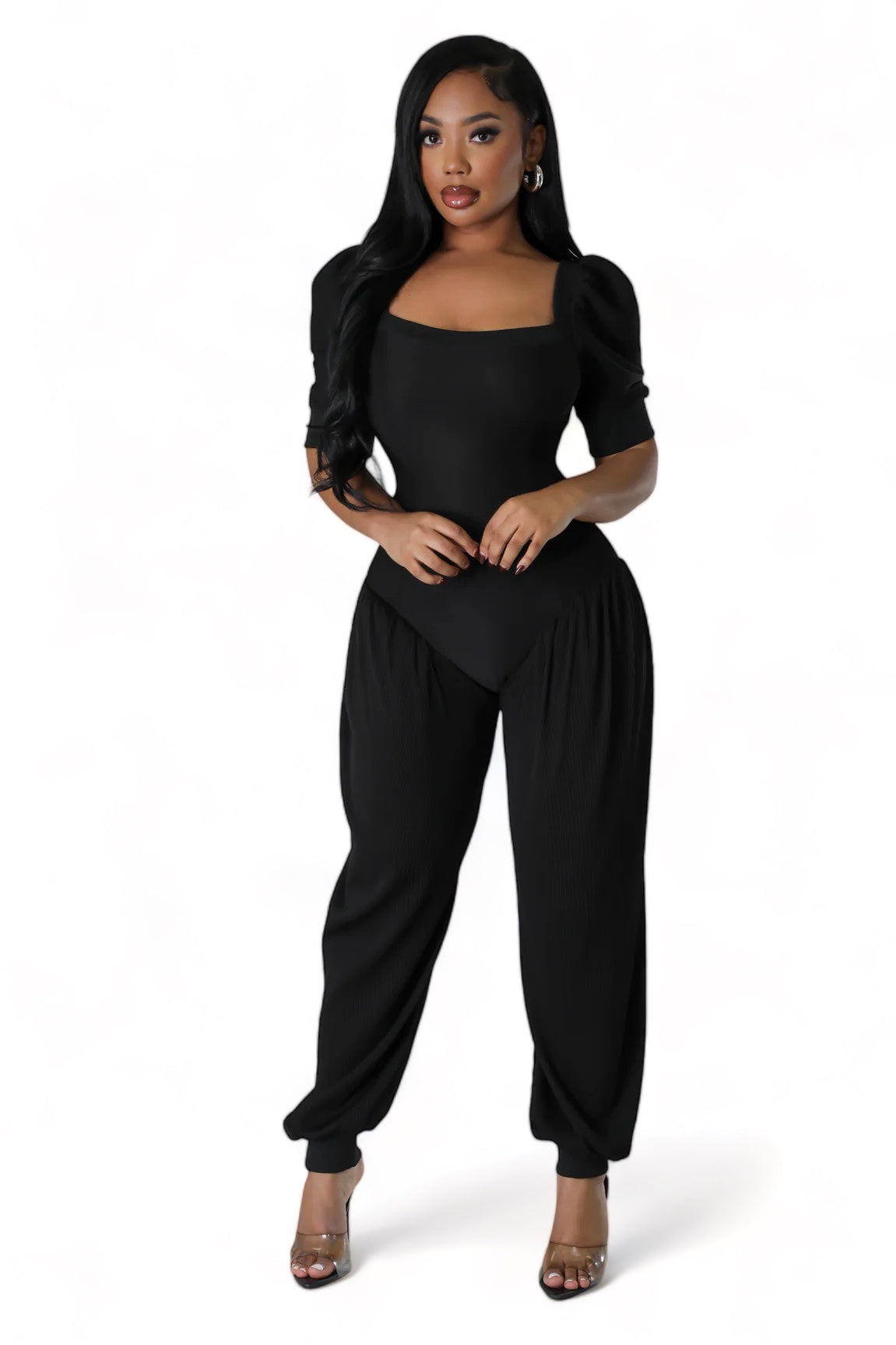 Black Ribbed Stretch Jumpsuit
