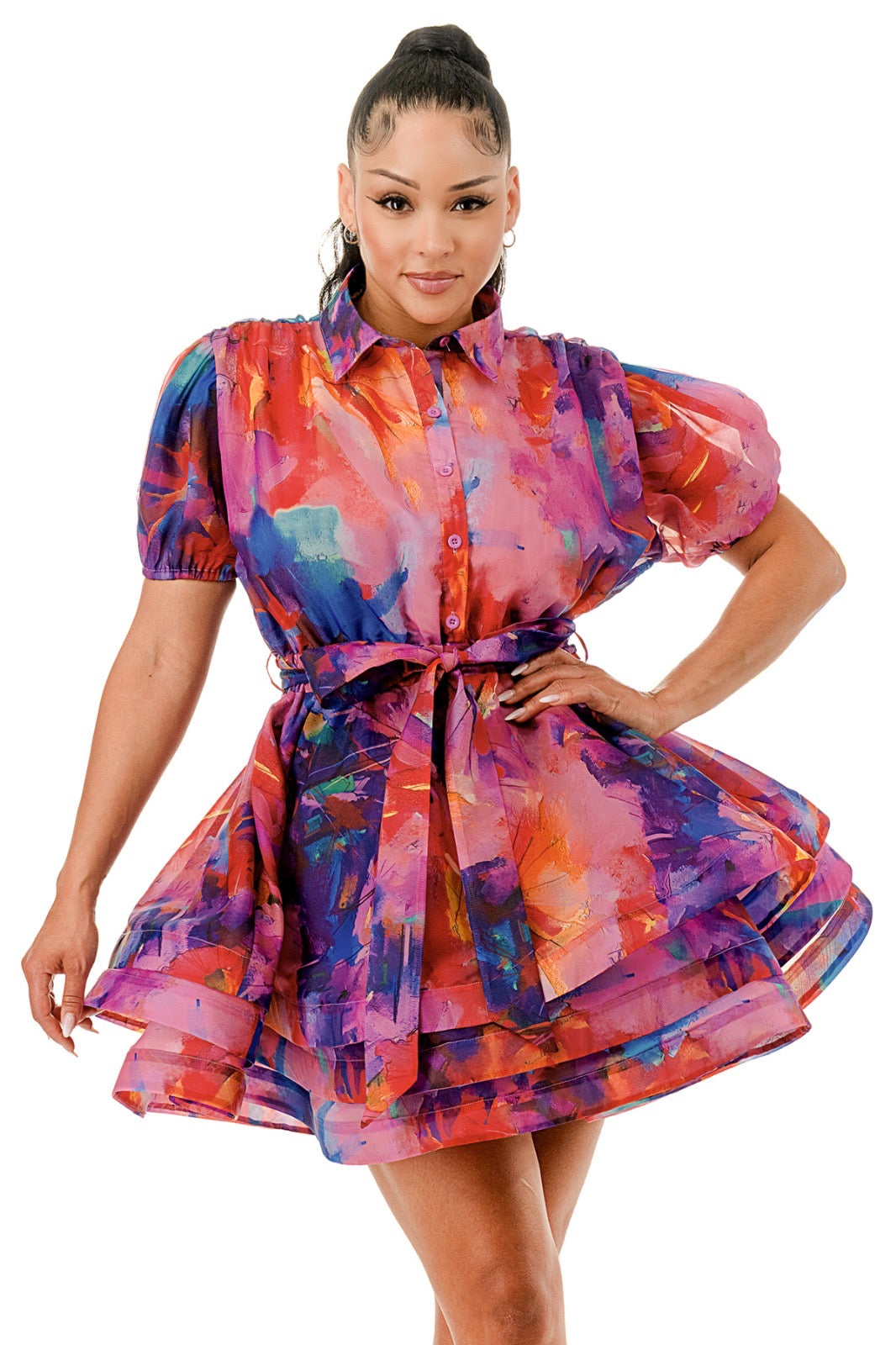 Short Sleeve Sheer Long Sleeve Layered Ruffle  Dress