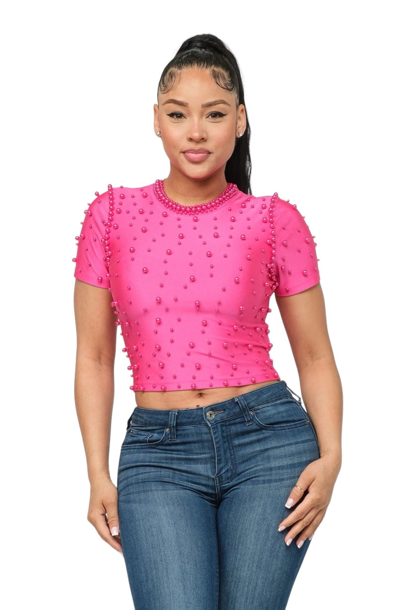 Front Pearls Embellished Detail Crop Top