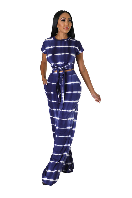 Two Piece Tie Dye Belted Crop Top Wide Leg Bottom Set {Tall Girl Friendly}