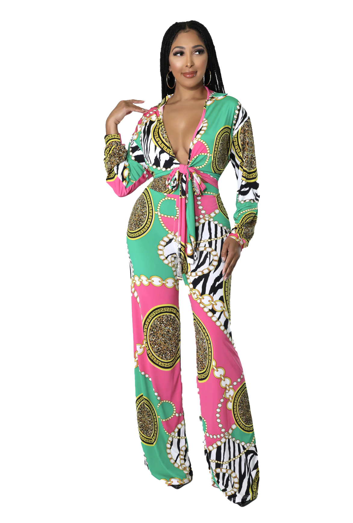 Two Piece Set: Green & Pink Palazzo Pants