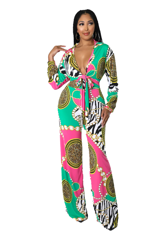 Two Piece Set: Green & Pink Palazzo Pants