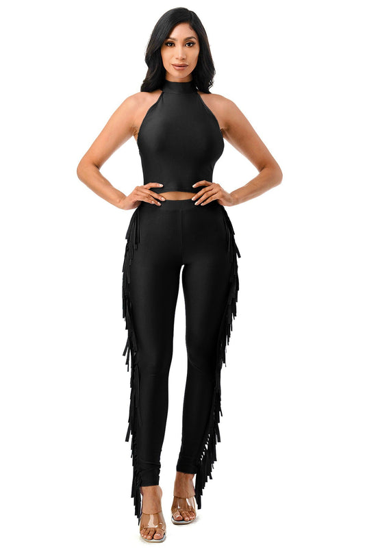 Mock Neck Sleeveless Crop Top & Side Fringe Pants Set