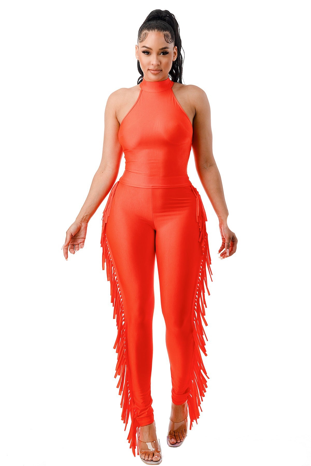 Mock Neck Sleeveless Crop Top & Side Fringe Pants Set