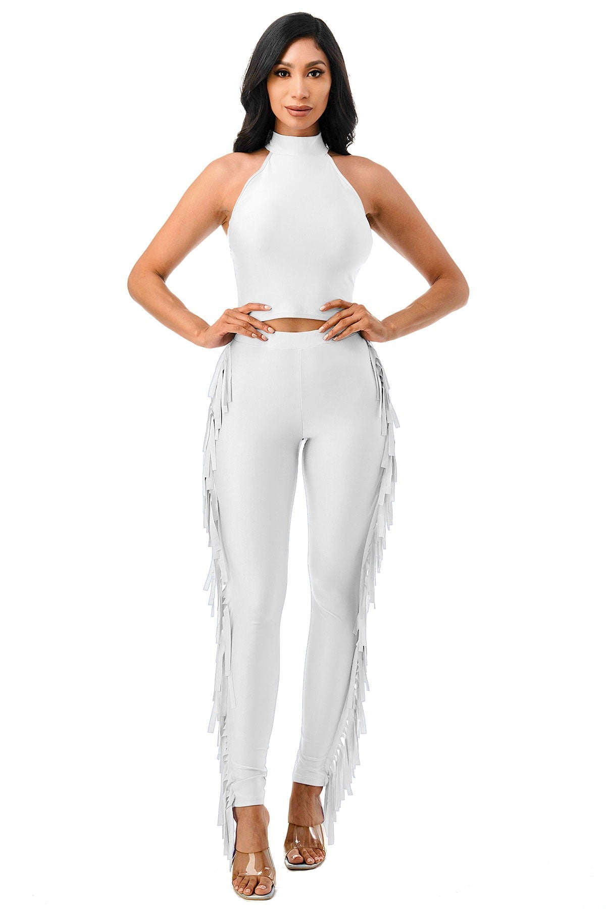 Mock Neck Sleeveless Crop Top & Side Fringe Pants Set