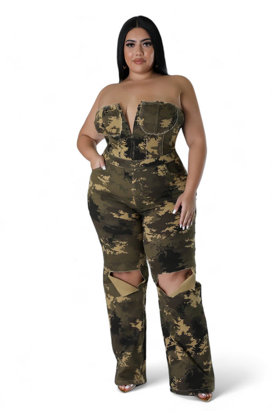Curvy Camouflage Strapless Jumpsuit