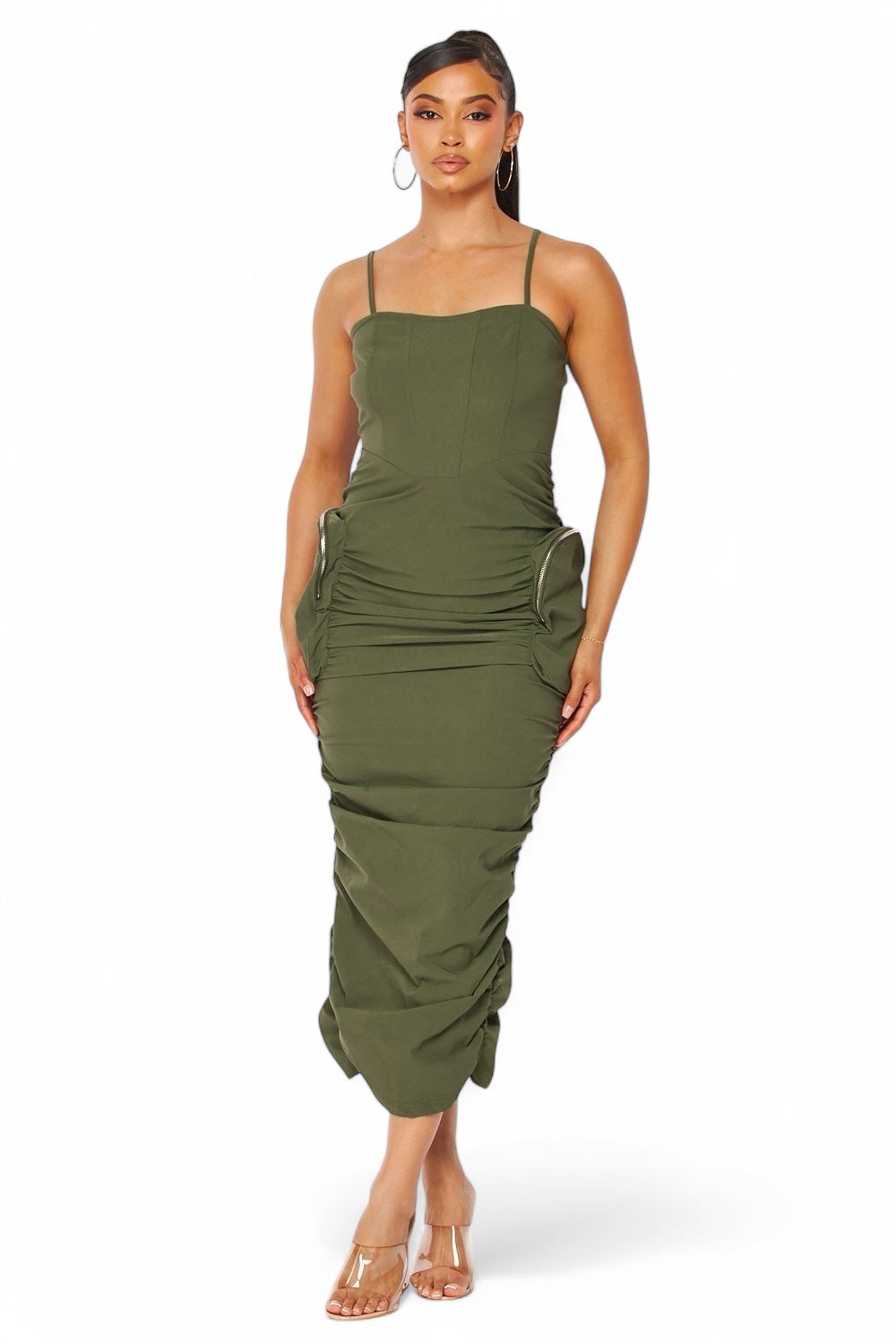 Erin Cargo Pocket Ruched Nylon Tank Dress