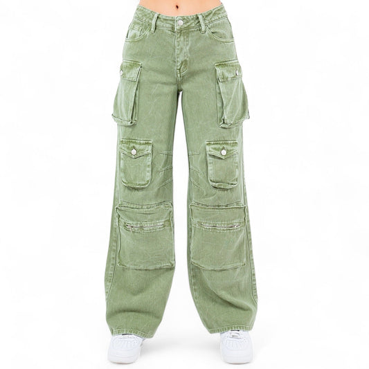 Multi Pockets Denim Wide Leg Cargo Pants-RJH30564