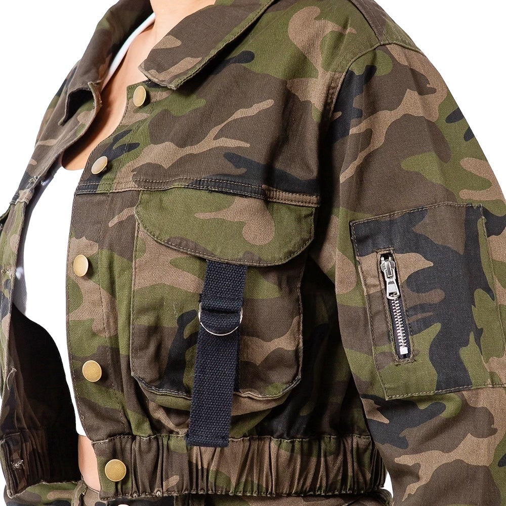 Utility Pocket with Strap Camo Cropped Jacket -{Matching Joggers Available -Link in Description}