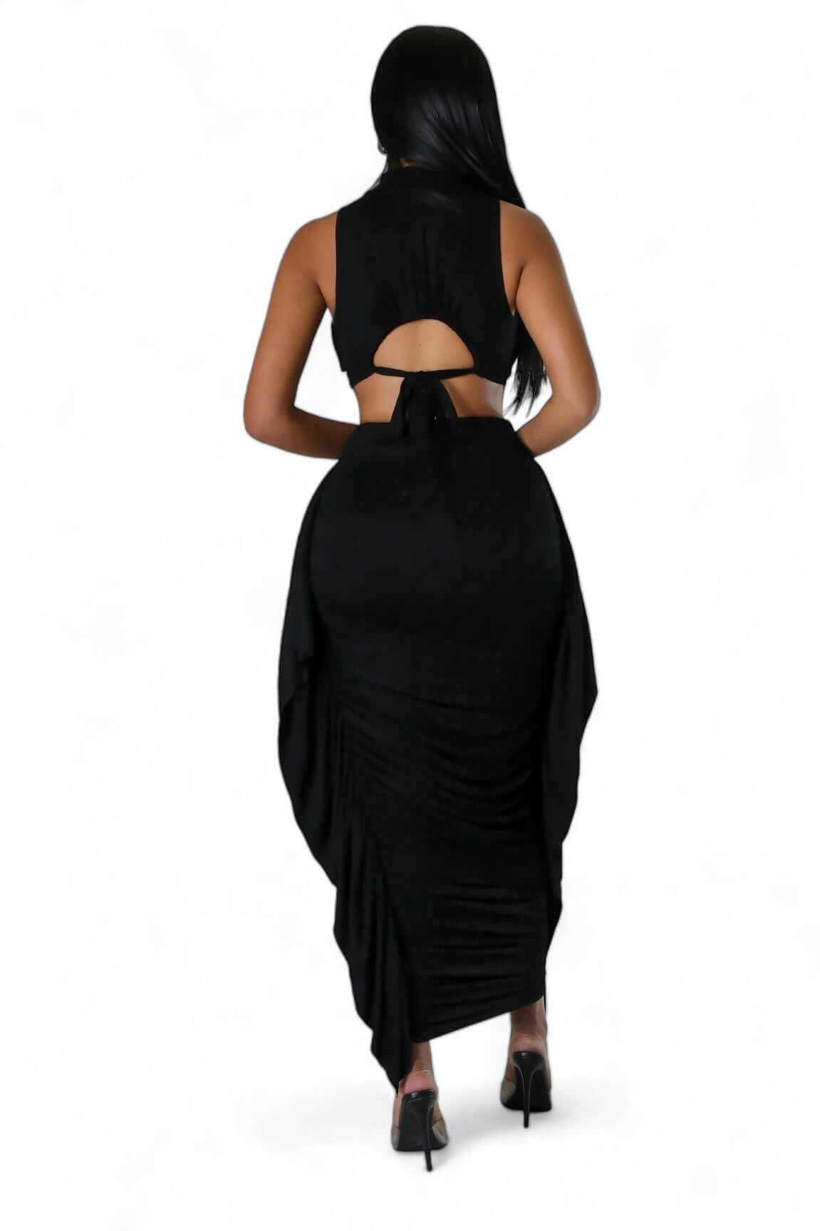 Two Piece Mock Neck Crop Top Ruched Fringed Skirt Set
