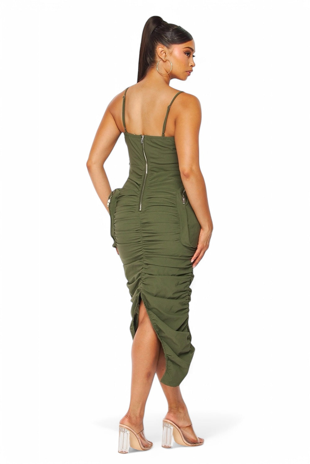 Erin Cargo Pocket Ruched Nylon Tank Dress