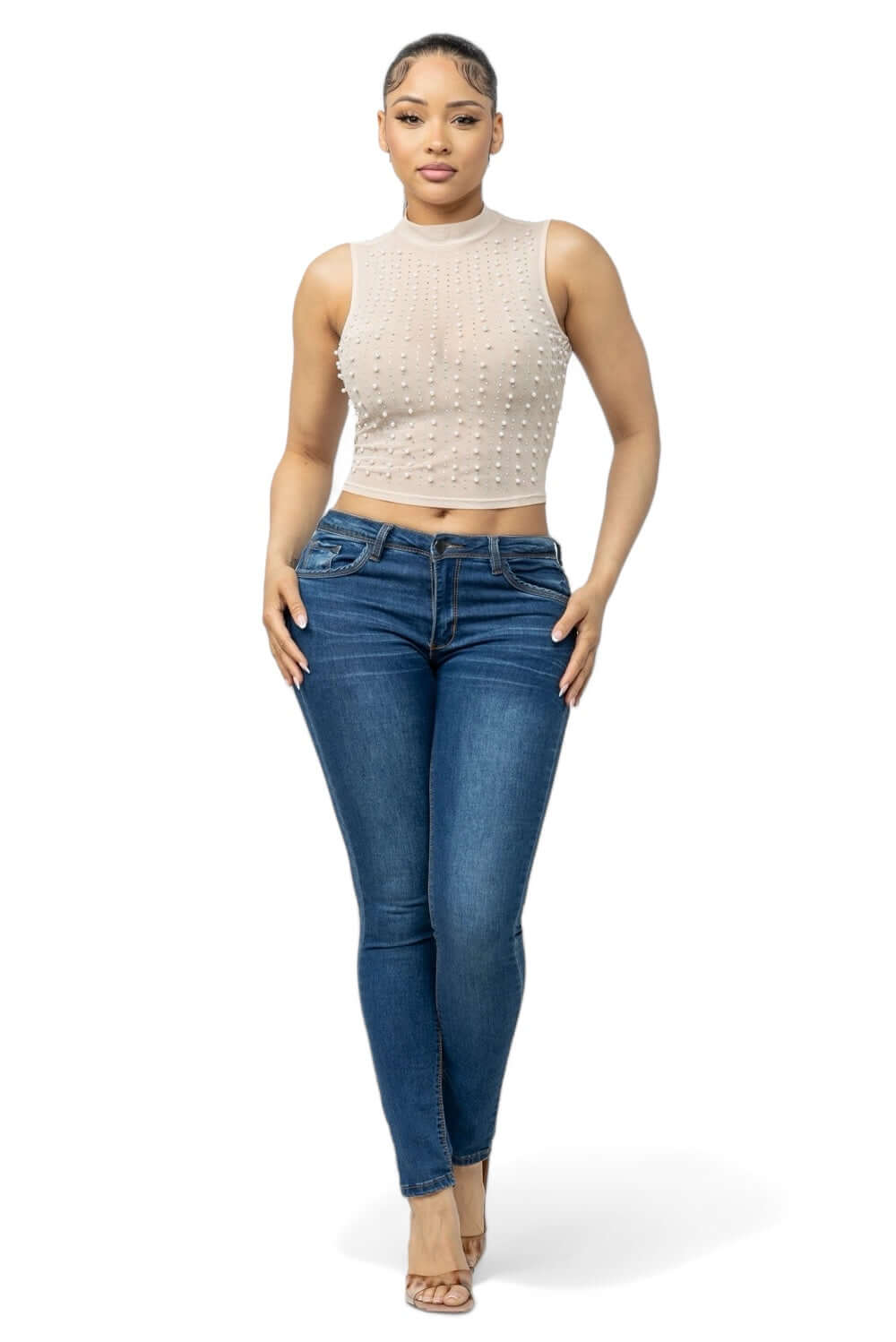 Mesh See Through  Pearls Studs Embellished Top