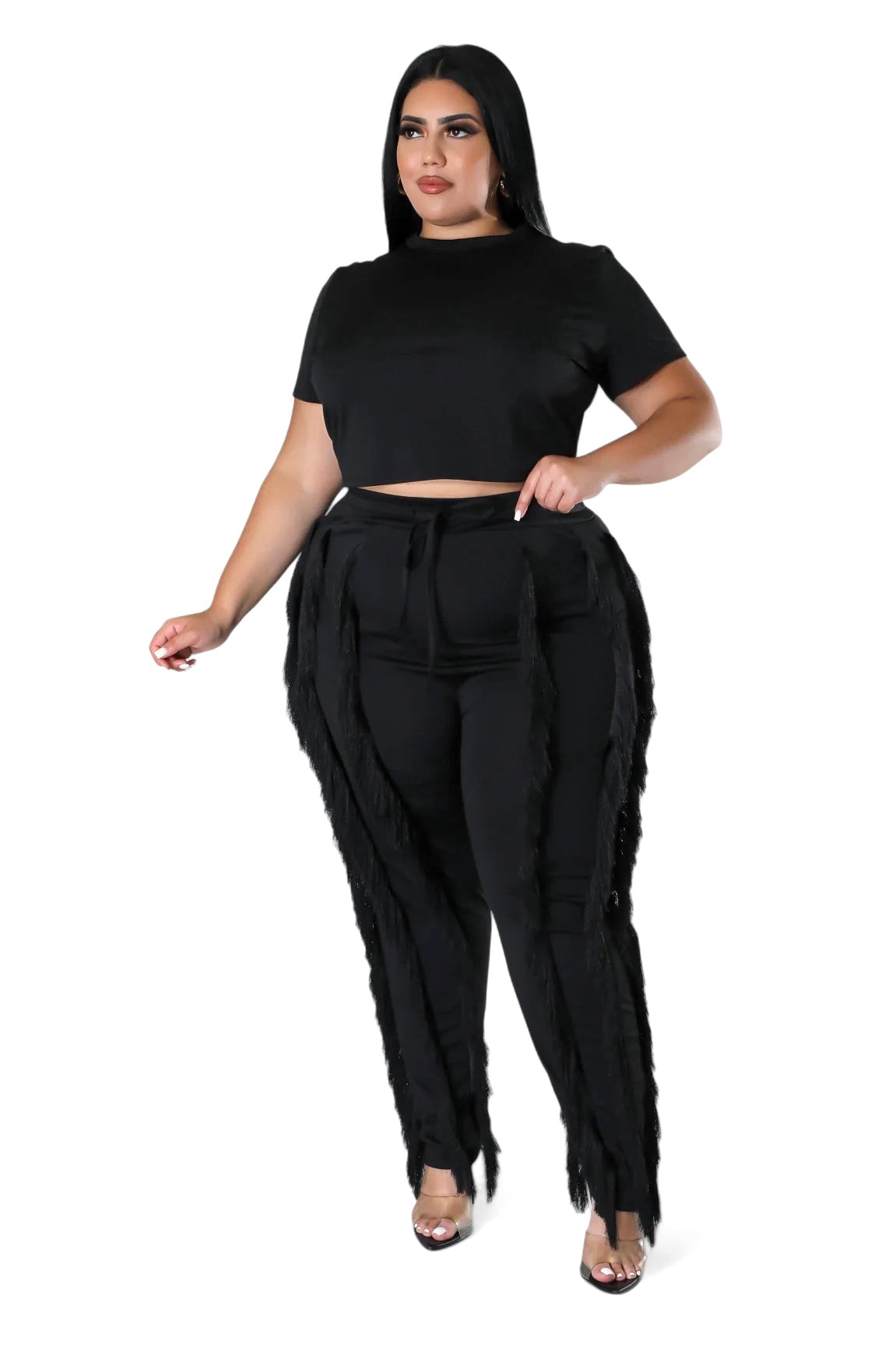 Curvy Short Sleeve Top Matching Tassel Pants