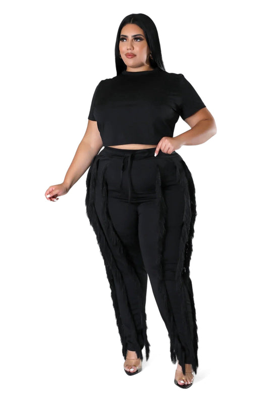 Curvy Short Sleeve Top Matching Tassel Pants