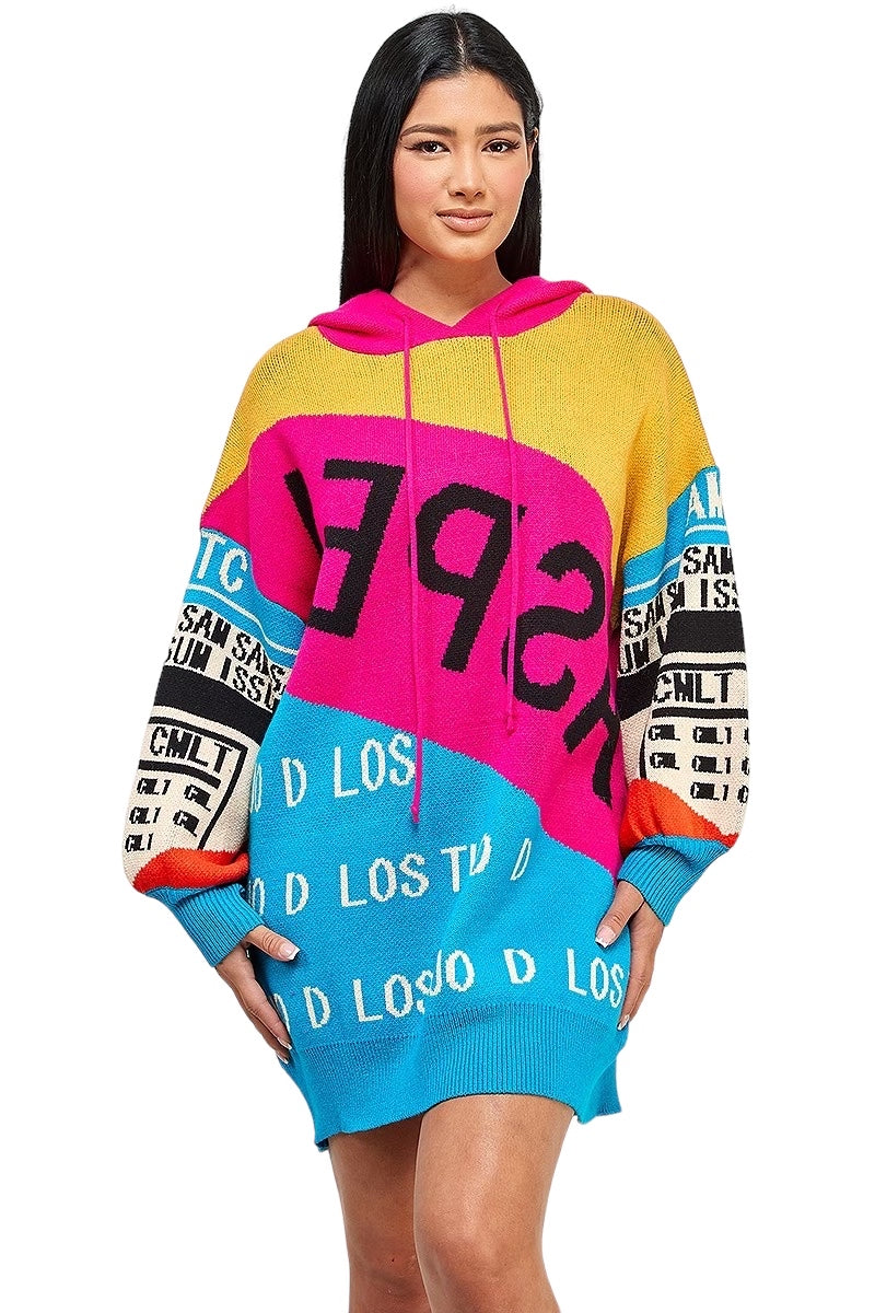 Multi Color Hooded Sweater Dress