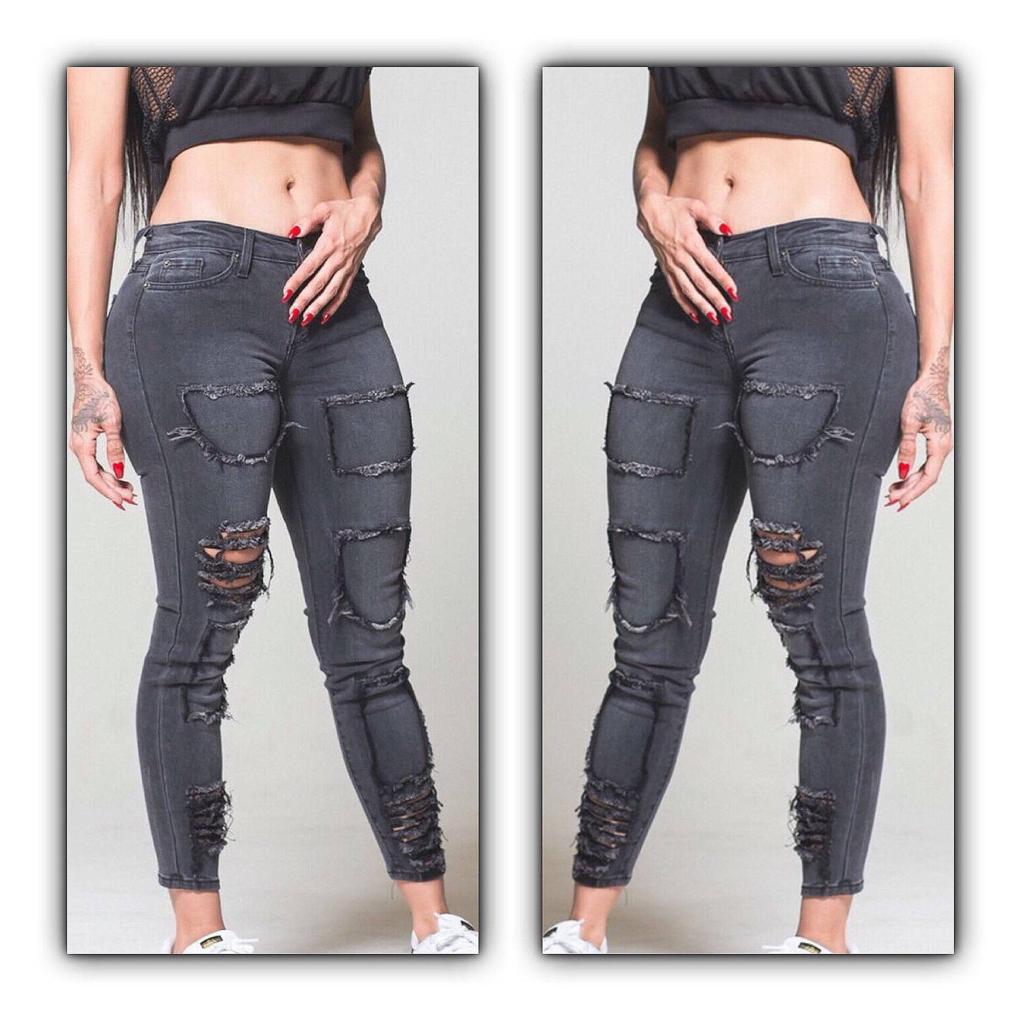 Black Washed Denim Patched Distressed Jeans