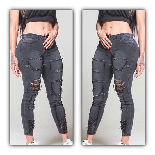 Black Washed Denim Patched Distressed Jeans