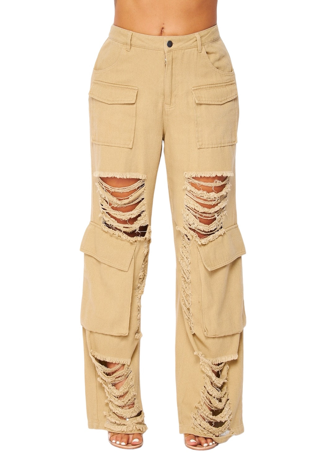 Distressed Wide Leg Cargo Pocket Pants