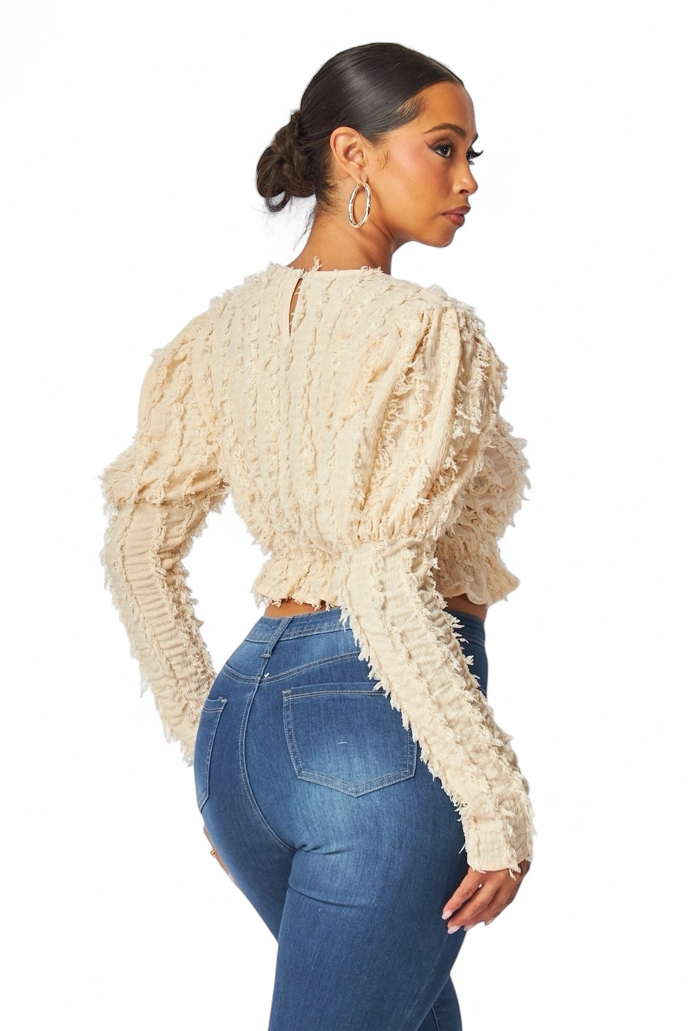Alexandria Puff Long Sleeve Shaggy Peplum Crop Top