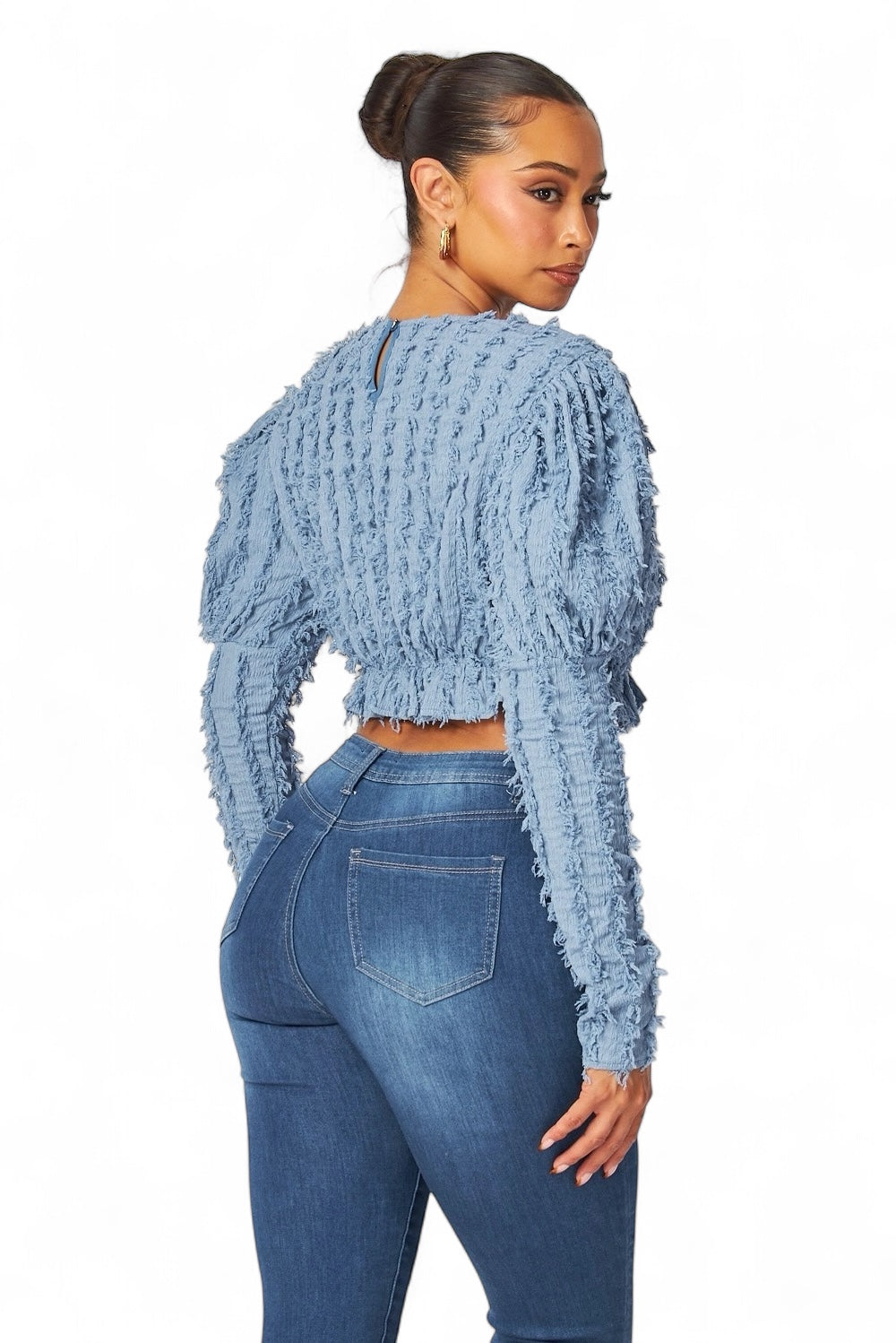 Alexandria Puff Long Sleeve Shaggy Peplum Crop Top