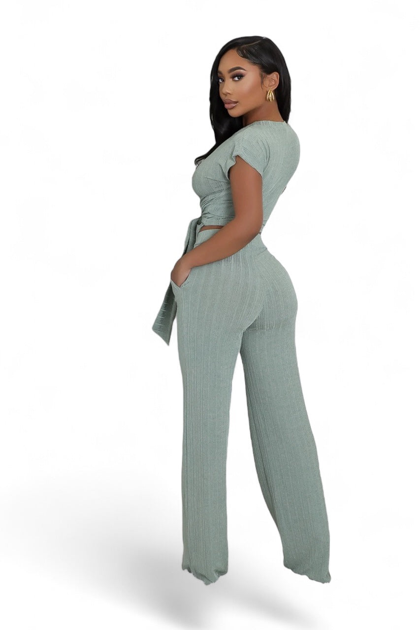 Cropped Belted Top Wide Leg Bottom 2 Piece Set {Tall Girl Friendly}