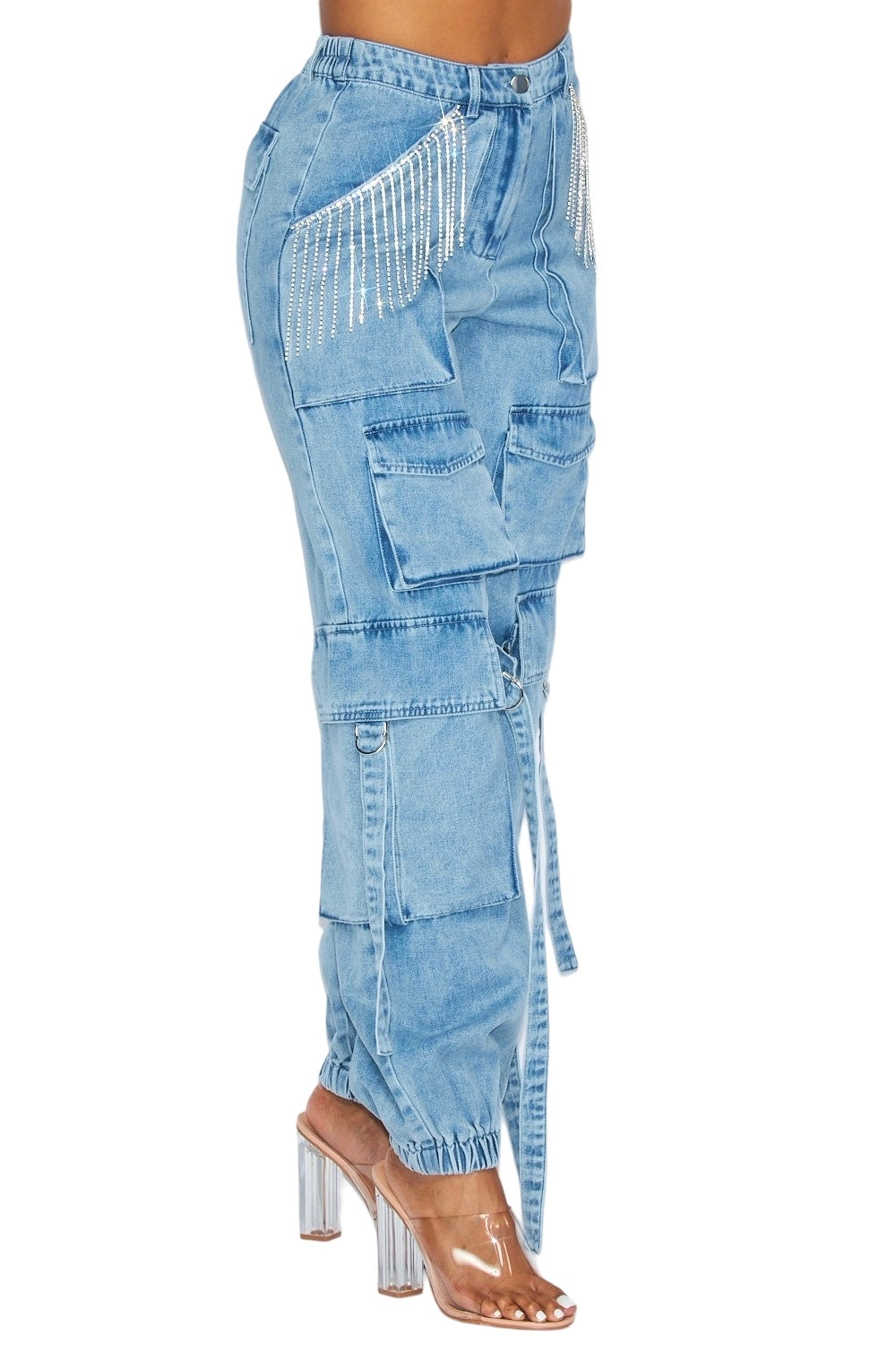 Denim  Cargo with Rhinestone Joggers **NO STRETCH**