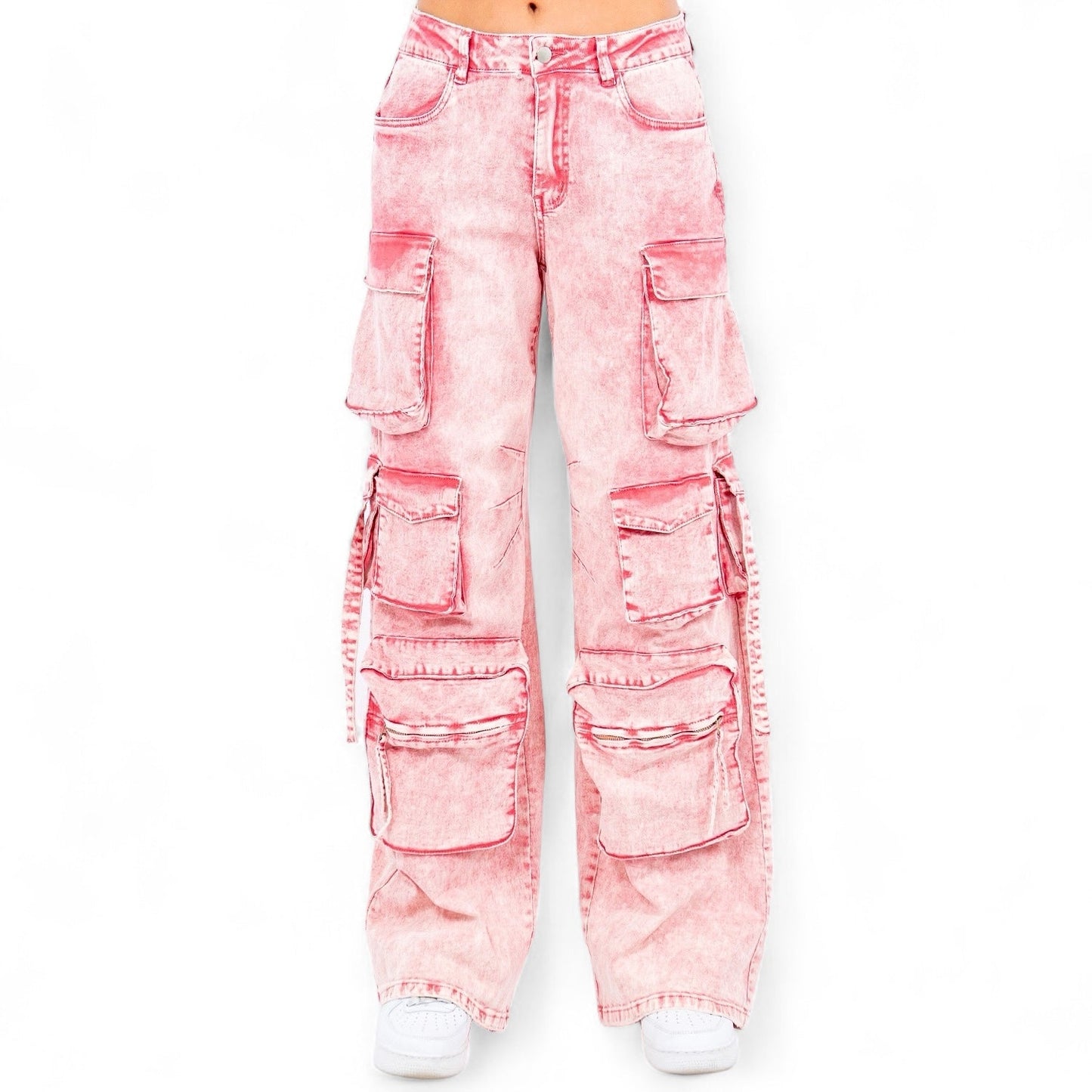 Multiple Pocket Acid Wash Denim Pants- RJH30665