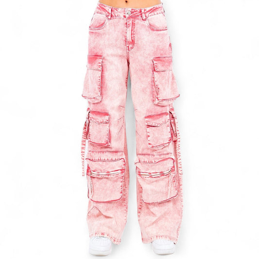 Multiple Pocket Acid Wash Denim Pants- RJH30665