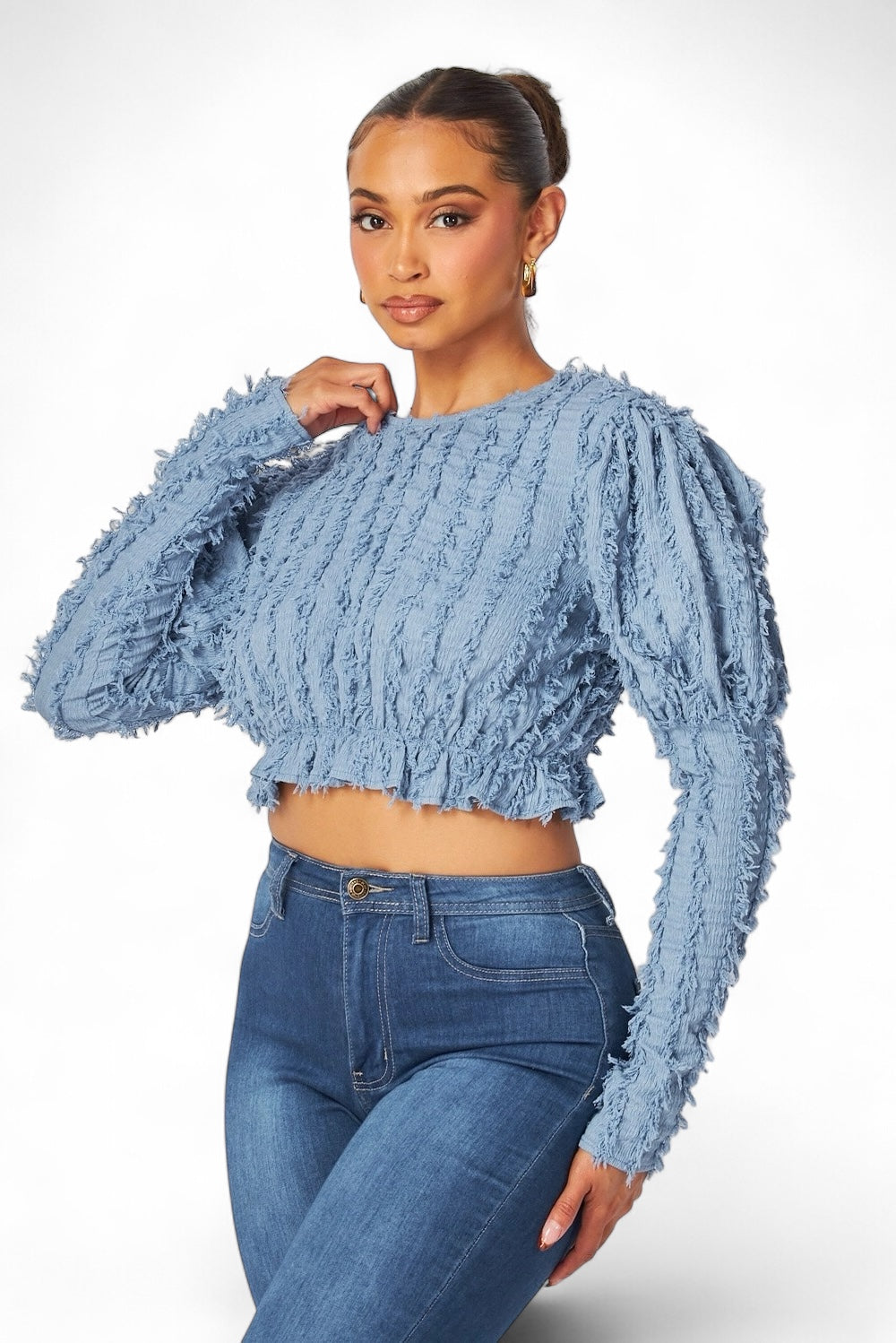 Alexandria Puff Long Sleeve Shaggy Peplum Crop Top