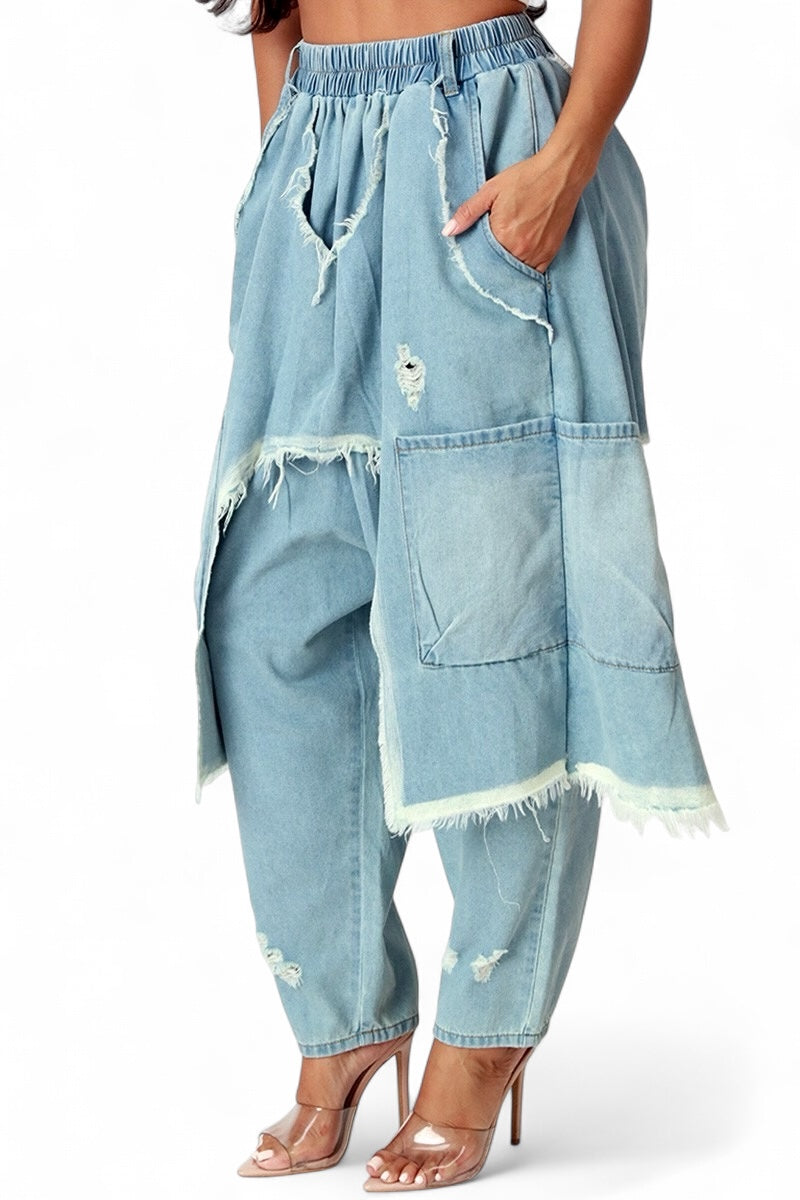 Trendy Distressed Denim Harem Pants