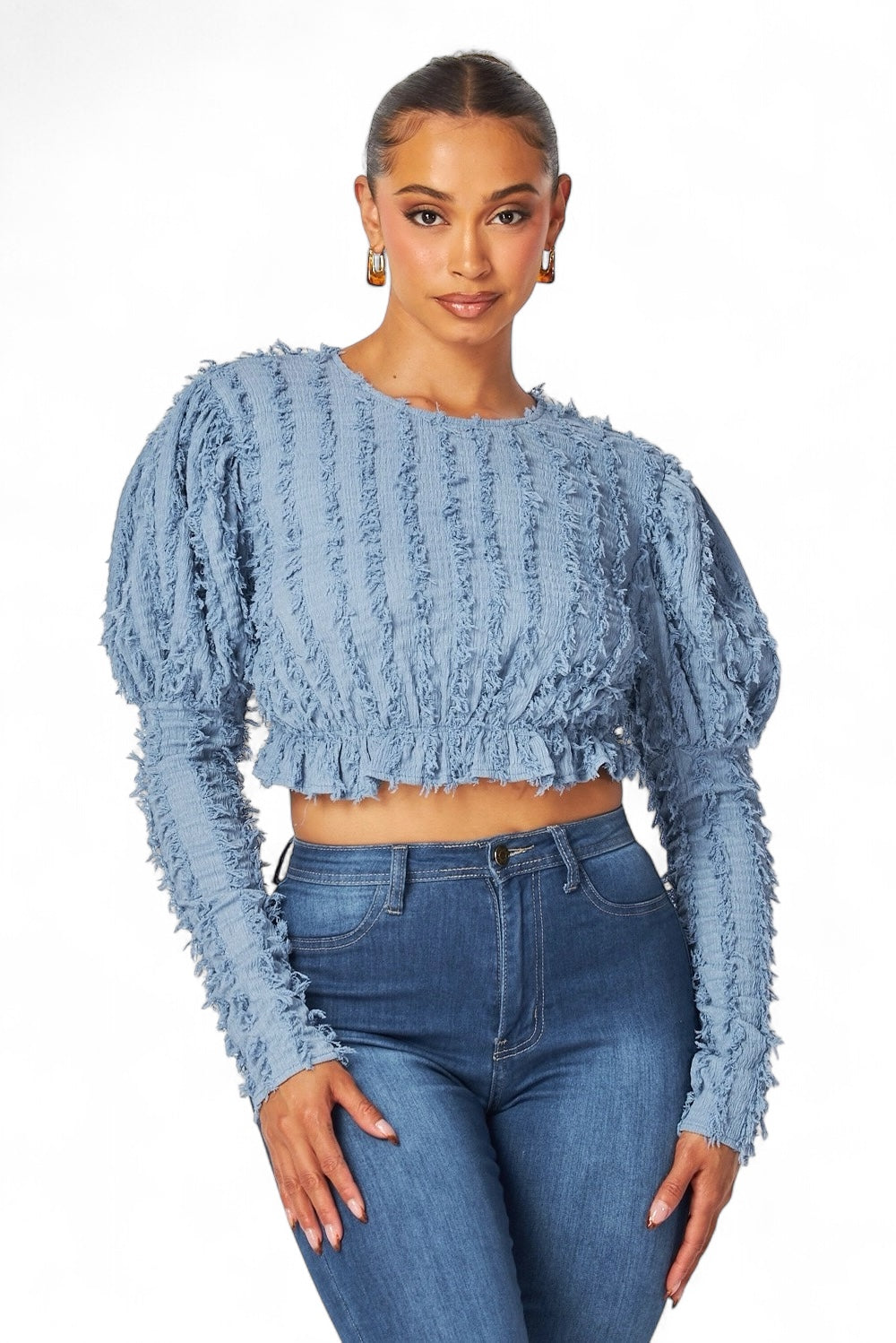 Alexandria Puff Long Sleeve Shaggy Peplum Crop Top