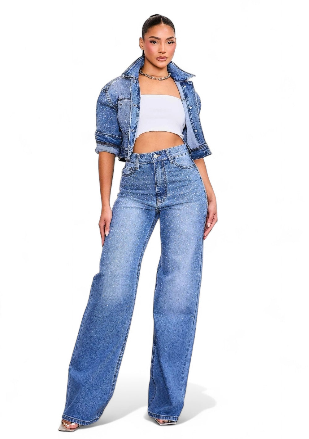 Iridescent High-Rise Rhinestone Wide Leg Jeans