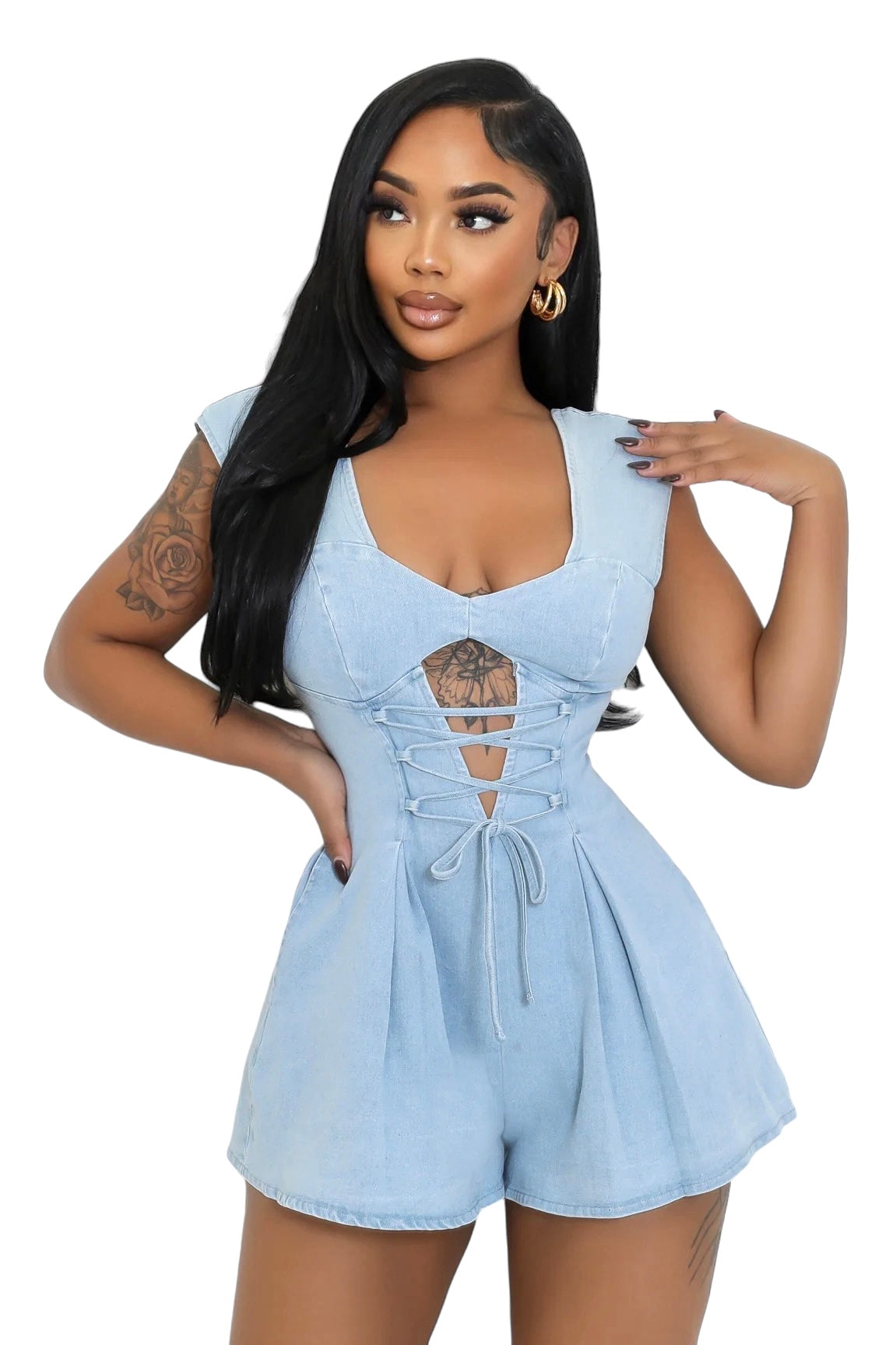Denim Cut Out Lace Up Romper