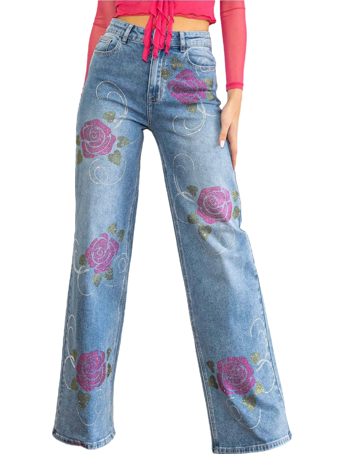 Rose Rhinestone Wide Jeans