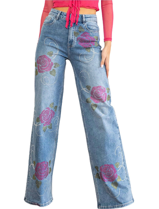 Rose Rhinestone Wide Jeans