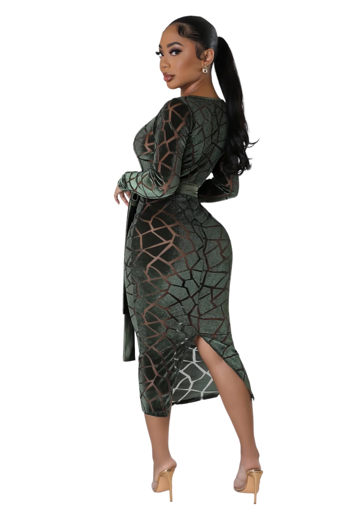 Velvet See Thru Belted Midi Dress