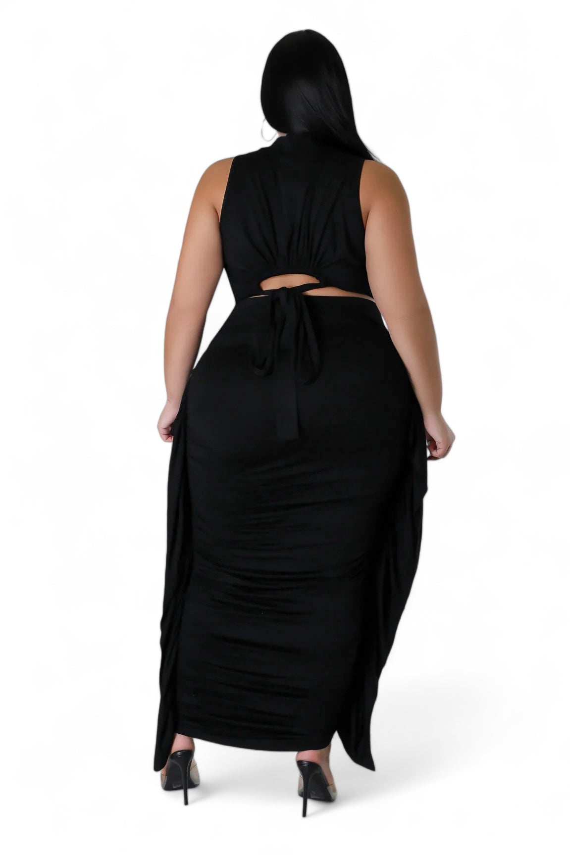 Curvy Two Piece Mock Neck Crop Top Ruched Fringed Skirt Set