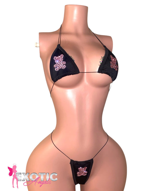 Rhinestone Teddy Micro Bikini Set - Pink Rhinestones